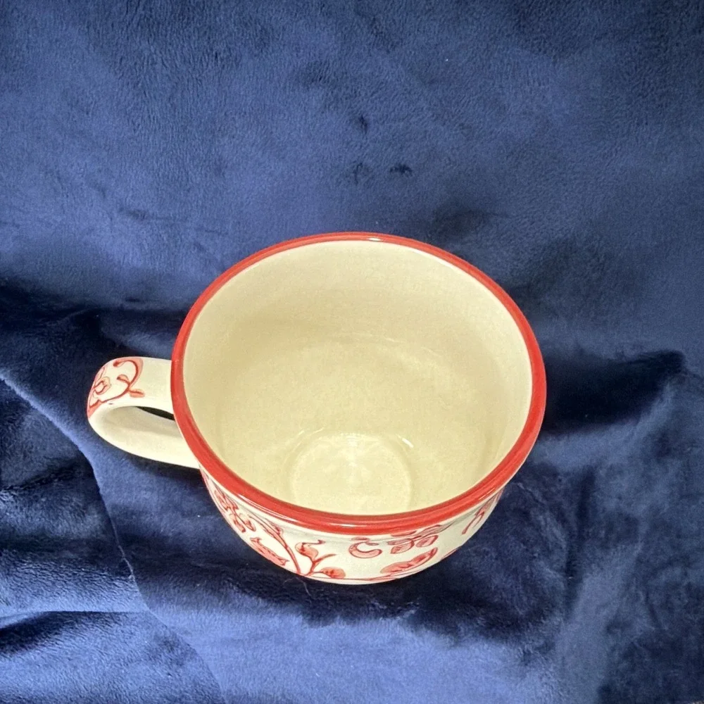 Sur La Table Red White Floral Handcrafted Stoneware Teacup Coffee Mug 12 oz